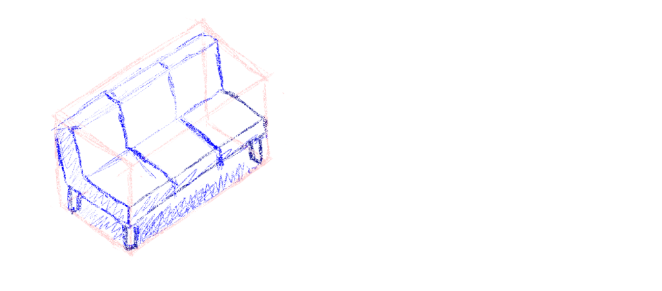 直方体の枠を描いて、その中にソファを描く