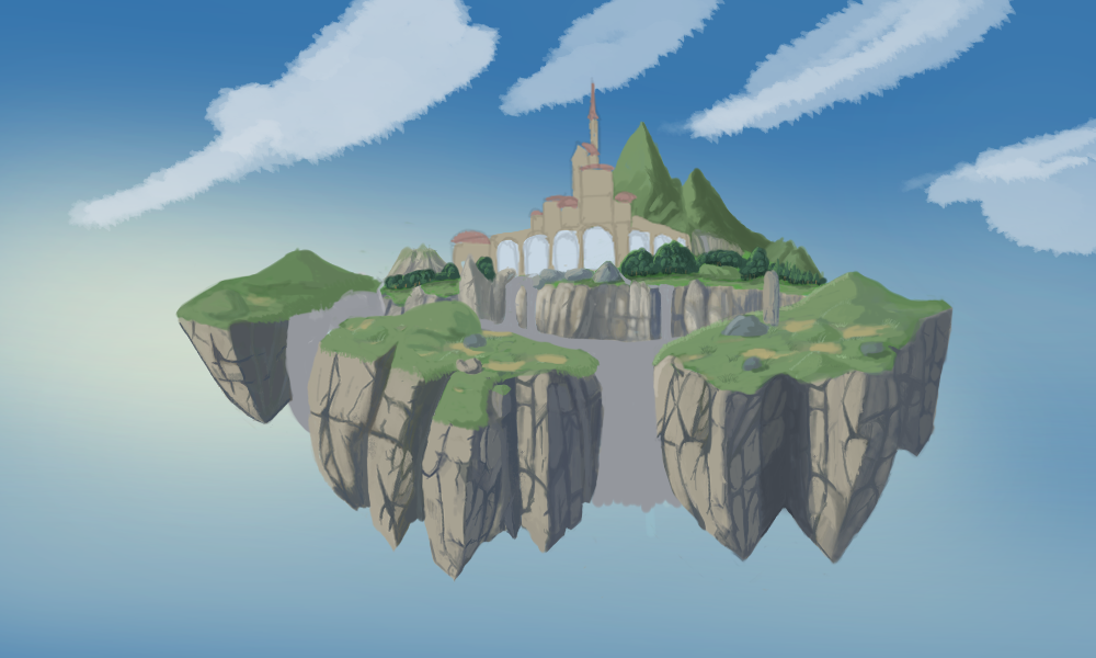 お城の手前の岩・森・平原・奥の山を描いて、お城回りの自然がかなりできました！