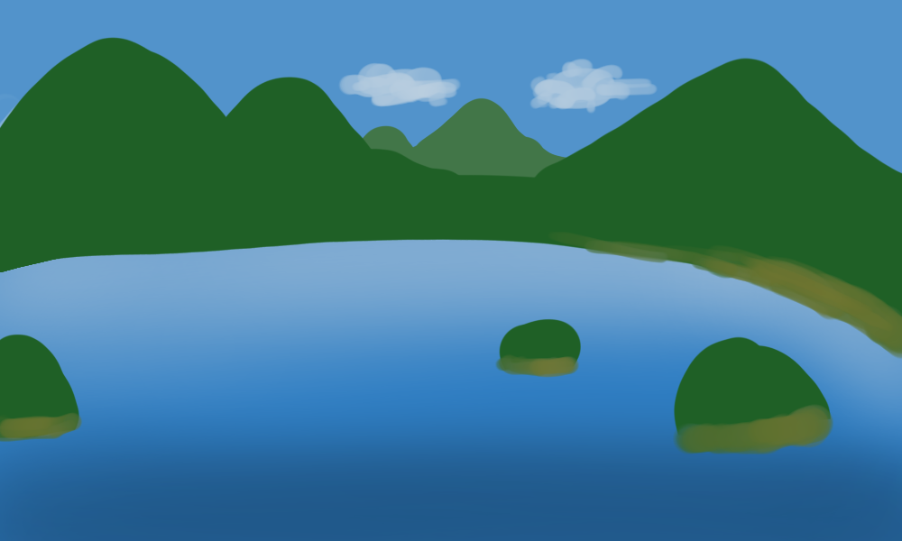 「エアブラシ」を使って、湖の上の方に明るい色、下の方に暗い色を入れました