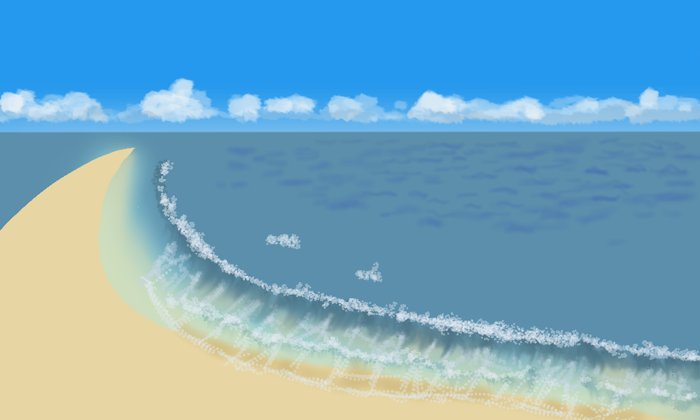 砂浜の方にも白い波だけ描いて、濡れた感じを出すために砂浜より濃い色で波の間を塗りました